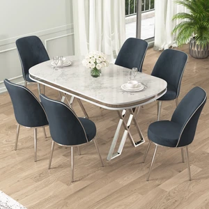 Lai Serisi 90X168 Lak Panel Beyaz Mermer Desen Krom Ayak Masa Takımı 6 Sandalye