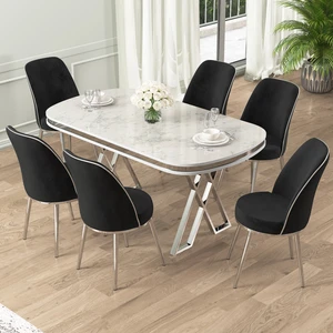 Lai Serisi 90X168 Lak Panel Beyaz Mermer Desen Krom Ayak Masa Takımı 6 Sandalye