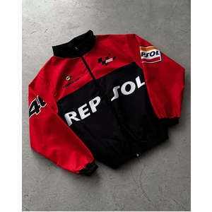 Repsol Unisex Retro Dijital Paraşüt Kumaş Oversize Baskılı Siyah Rüzgarlık Yağmurluk