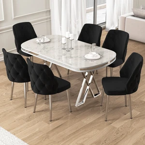 Afe Serisi 90X168 Lak Panel Beyaz Mermer Desen Gümüş Ayak Masa Takımı 6 Sandalye