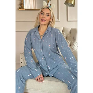 Pijama Evi Gri Kalp Desenli Önden Düğmeli Peluş Polar Pijama Takımı