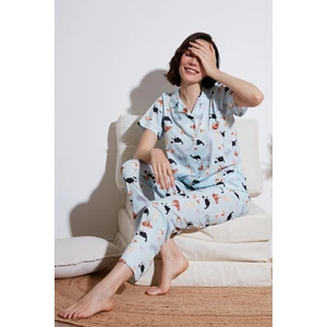 Desenli Kısa Kollu Beli Lastikli Gömlek Yaka Dokuma Regular Fit Pijama Takımı Bayan Pijama Takımı 6571010