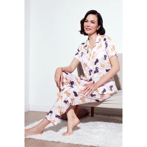 Desenli Kısa Kollu Beli Lastikli Gömlek Yaka Dokuma Regular Fit Pijama Takımı Bayan Pijama Takımı 6571010
