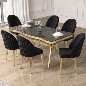 Pem Serisi 90X160 Lak Panel Antrasit Ironi  Gold Ayak Masa Takımı 6 Sandalye