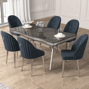 Pem Serisi 90X160 Lak Panel Antrasit Ironi Krom Ayak  Masa Takımı 6 Sandalye