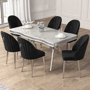 Pem Serisi 90X160 Lak Panel Beyaz Mermer Desen Krom Ayak Masa Takımı 6 Sandalye