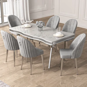 Pem Serisi 90X160 Lak Panel Beyaz Mermer Desen Krom Ayak Masa Takımı 6 Sandalye