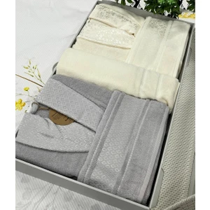 (5 Parça) Camelıa Aile Bornoz Seti Gri-Krem