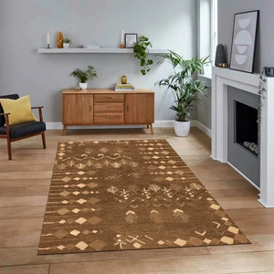 Viyana Home Dijital Baskılı Kaymaz Yıkanabilir Iskandinav Desen Yolluk Salon Halısı, V-Iskandinav-24-Kahve,