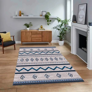 Viyana Home Dijital Baskılı Kaymaz Yıkanabilir Iskandinav Desen Yolluk Salon Halısı, V-Iskandinav-27-Mavi,