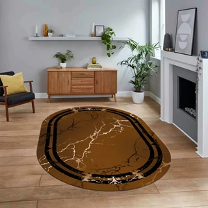 Viyana Home Dijital Kaymaz Taban Yıkanabilir Oval Mermer Desen Mutfak Salon Halısı, V-O-Mermer-08-Kahve,