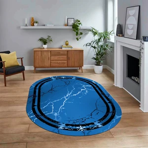 Viyana Home Dijital Kaymaz Taban Yıkanabilir Oval Mermer Desen Mutfak Salon Halısı, V-O-Mermer-08-Mavi,