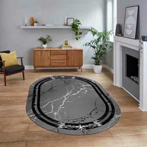 Viyana Home Dijital Kaymaz Taban Yıkanabilir Oval Mermer Desen Mutfak Salon Halısı, V-O-Mermer-08-Antrasit,
