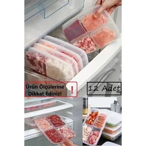 12 Adet Dondurulmuş Mini 4 Bölmeli Öğünlük Et Sebze Saklama Kabı - Kıyma Tavuk Buzluk Organizer