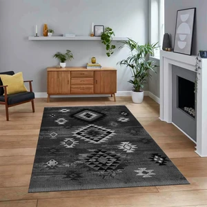 Viyana Home Dijital Baskılı Kaymaz Taban Yıkanabilir Etnik Desen Yolluk Salon Halısı, V-Etnik-01-Gri,