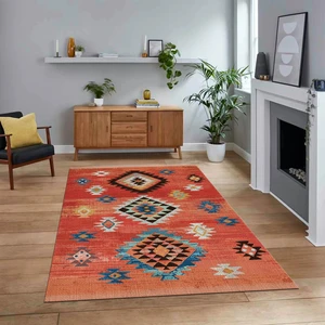 Viyana Home Dijital Baskılı Kaymaz Taban Yıkanabilir Etnik Desen Yolluk Salon Halısı, V-Etnik-01-Kırmızı,