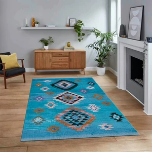 Viyana Home Dijital Baskılı Kaymaz Taban Yıkanabilir Etnik Desen Yolluk Salon Halısı, V-Etnik-01-Mavi,