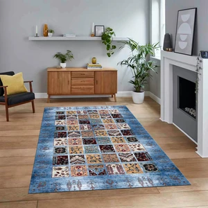 Viyana Home Dijital Baskılı Kaymaz Taban Yıkanabilir Etnik Desen Yolluk Salon Halısı, V-Etnik-18-Mavi,