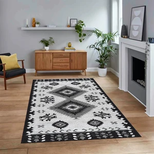 Viyana Home Dijital Baskılı Kaymaz Taban Yıkanabilir Etnik Desen Yolluk Salon Halısı, V-Etnik-02-Gri,
