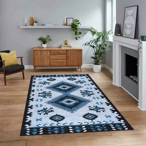 Viyana Home Dijital Baskılı Kaymaz Taban Yıkanabilir Etnik Desen Yolluk Salon Halısı, V-Etnik-02-Mavi,