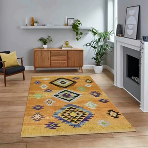 Viyana Home Dijital Baskılı Kaymaz Taban Yıkanabilir Etnik Desen Yolluk Salon Halısı, V-Etnik-01-Turuncu,