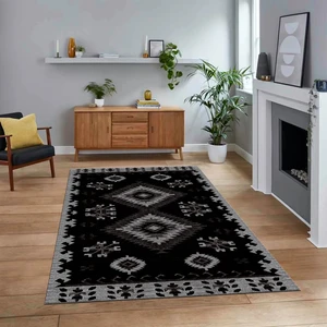 Viyana Home Dijital Baskılı Kaymaz Taban Yıkanabilir Etnik Desen Yolluk Salon Halısı, V-Etnik-02-Antrasit,
