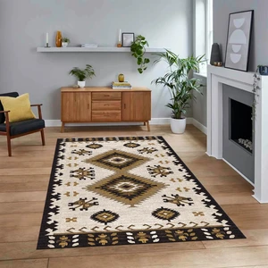 Viyana Home Dijital Baskılı Kaymaz Taban Yıkanabilir Etnik Desen Yolluk Salon Halısı, V-Etnik-02-Kahve,