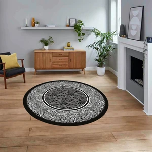 Viyana Home Dijital Kaymaz Taban Yıkanabilir Yuvarlak Çerçeveli Mutfak Salon Halısı, V-Y-Çerçeveli-37-Siyah,