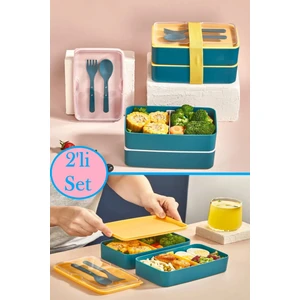 2 Katlı Çatal Kaşıklı Beslenme Kabı 1003 Bölmeli Yemek Kabı Saklama Kutusu Lunch Box