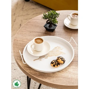 Lin Metal 24 cm Kulplu Metal Tepsi Yuvarlak Çay Tepsisi Sunum Tepsisi Metal Kulplu Kahve Tepsisi (Kaplan Baskılı)