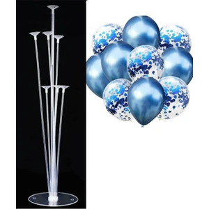7'li Balon Standı ve 10 Adet Metalik Mavi ve Şeffaf Konfetili Balon Set