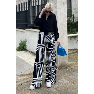 Siyah Desenli Beli Lastikli Bol Paça Pantolon MG2051