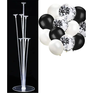 7'li Balon Standı ve 10 Adet Siyah Beyaz ve Şeffaf Konfetili Balon Set