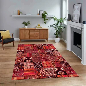 Viyana Home Dijital Baskılı Kaymaz Taban Yıkanabilir Patchwork Yolluk Salon Halısı, V-Patchwork-06-Kırmızı,