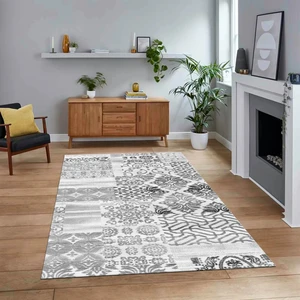 Viyana Home Dijital Baskılı Kaymaz Taban Yıkanabilir Patchwork Yolluk Salon Halısı, V-Patchwork-02-Gri,