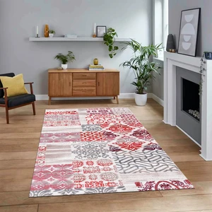 Viyana Home Dijital Baskılı Kaymaz Taban Yıkanabilir Patchwork Yolluk Salon Halısı, V-Patchwork-02-Kırmızı,