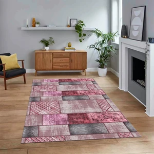 Viyana Home Dijital Baskılı Kaymaz Taban Yıkanabilir Patchwork Yolluk Salon Halısı, V-Patchwork-18-Pembe,