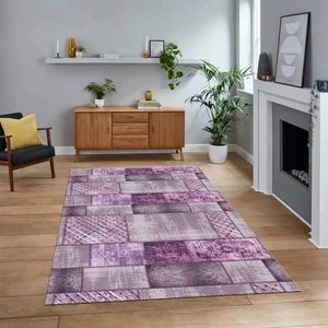 Viyana Home Dijital Baskılı Kaymaz Taban Yıkanabilir Patchwork Yolluk Salon Halısı, V-Patchwork-18-Mor,