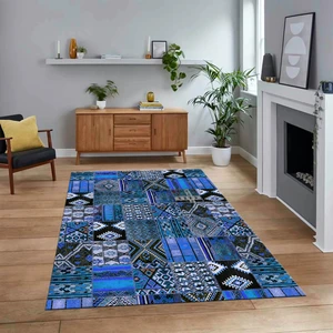 Viyana Home Dijital Baskılı Kaymaz Taban Yıkanabilir Patchwork Yolluk Salon Halısı, V-Patchwork-06-Mavi,