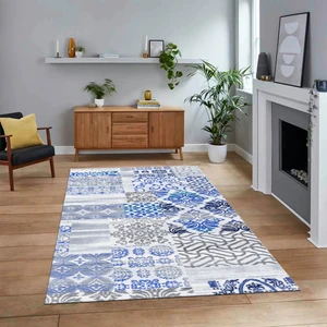 Viyana Home Dijital Baskılı Kaymaz Taban Yıkanabilir Patchwork Yolluk Salon Halısı, V-Patchwork-02-Mavi,