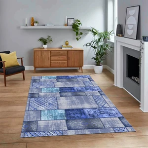 Viyana Home Dijital Baskılı Kaymaz Taban Yıkanabilir Patchwork Yolluk Salon Halısı, V-Patchwork-18-Mavi,