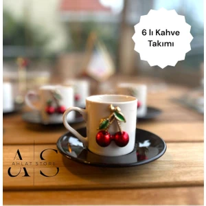 Ahlat Store 6'lı Kirazlı Fincan Takımı Siyah Altlık Kiraz Fincan Lüx Şık