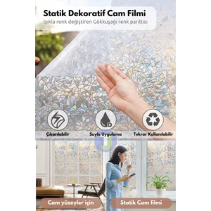 Statik Buzlu Yaprak Desenli Gökkuşağı Parıltılı Cam Kaplama Filmi – Duşakabin ve Ofis Dekoru, 45x100 cm