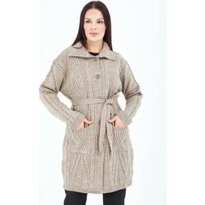 Kadın Vizon Düğmeli Cepli Kuşaklı Triko Yün Uzun Hırka