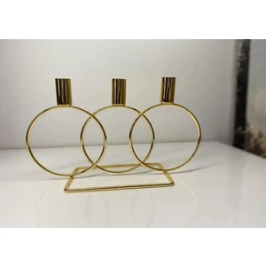 Ahlat Store Gold Şamdan Mumluk Metal 3 Gözlü Yuvarlak Halka Mumluk Ev Dekorasyon, Şamdan Mumluk,