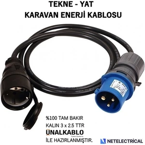 Ünal Kablo Tekne ve Karavan Enerji Kablosu 9 Metre - Kauçuk Dişi Priz + 3/16A Fişli (3x2.5 Ttr Tam Bakır Kablo)