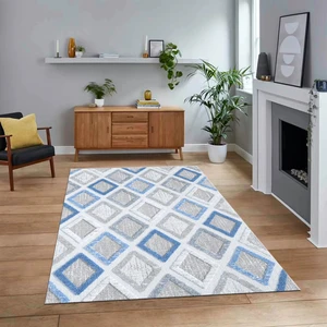 Viyana Home Dijital Baskılı Kaymaz Taban Yıkanabilir Modern Yolluk Mutfak Salon Halısı, V-Modern-66-Mavi,