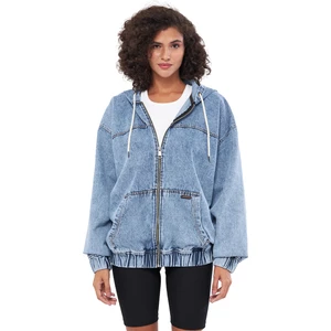 Mesfeno Clothing Mesfeno Fermuarlı Kapşonlu Denim Kumaş Kadın Sweatshirt, Oversize Kesim,  Pamuk, Kanguru Cepli, Ip Detaylı Kapşon, Beli Lastikli