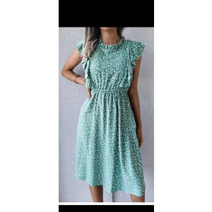 Dilan Yazar Yazlık Viskon Kalp Desen Midi  Fırfırlı Beli Lastikli Elbise