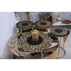 Sehpa Örtü Seti/1 Ad Orta Sehpa Runnerı (60CM)/3 AD(33CM)ZIGON Örtüsü/siyah Kadife/gold Işlemeli/4 Parça